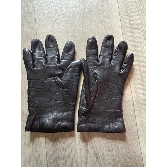 Vintage Black Leather Gloves Brown Wool Lining - Picture 2 of 5
